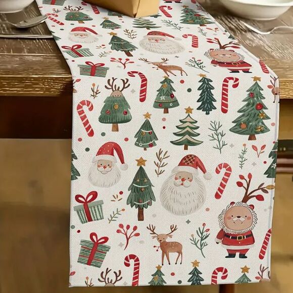 Christmas Table Runner 13x72in Linen Santa Trees Reindeer Candy Canes - Picture 1 of 3